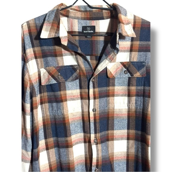 Burnside Men's Casual Plaid Long Cuffed Sleeve Flannel Blue/Brown Button Down - Picture 15 of 16